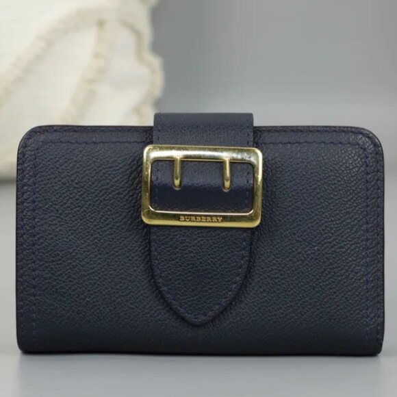 Burberry Navy Blue Leather Buckle Compact Wallet Gold Hardware Auth - Picture 2 of 8